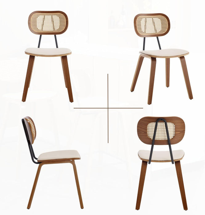 Modern Dining Chairs Set of 4, Upholstered Faux Leather Dining Room Chairs with Rattan Backrest and Wood Legs, Armless Wood Kitchen Chairs for Dining Room, Beige