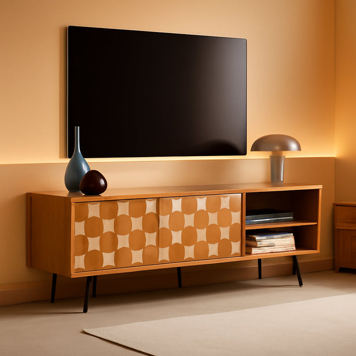 Georgina Solid Wood, 10 Minutes Assembly Entertainment Center with Storage Geometric Pattern Console for Living, Bedroom, Dining Room, TV Stand 65 Inch, Teak Brown