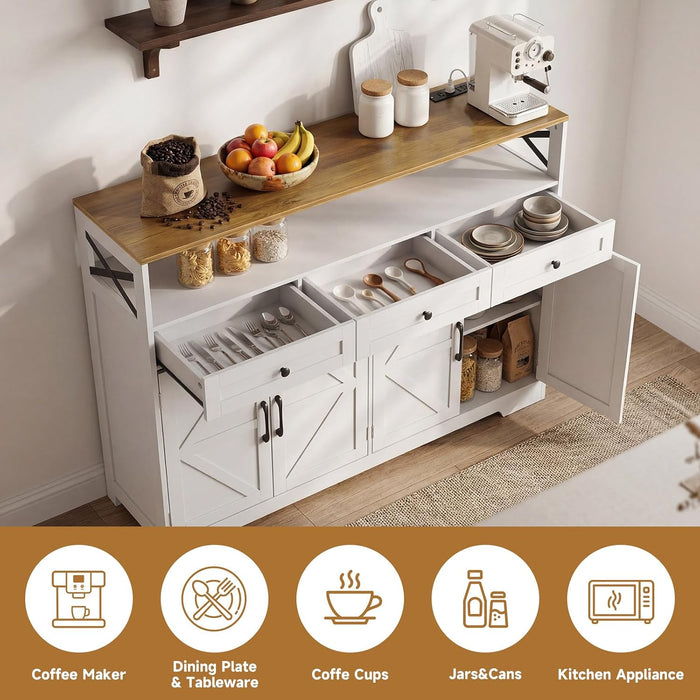 Sideboard Buffet Cabinet with Storage, 55" Kitchen Buffet Cabinet with Charging Station, Farmhouse Coffee Bar Station with Drawers and Doors, Credenza for Kitchen Living Room Entryway, White