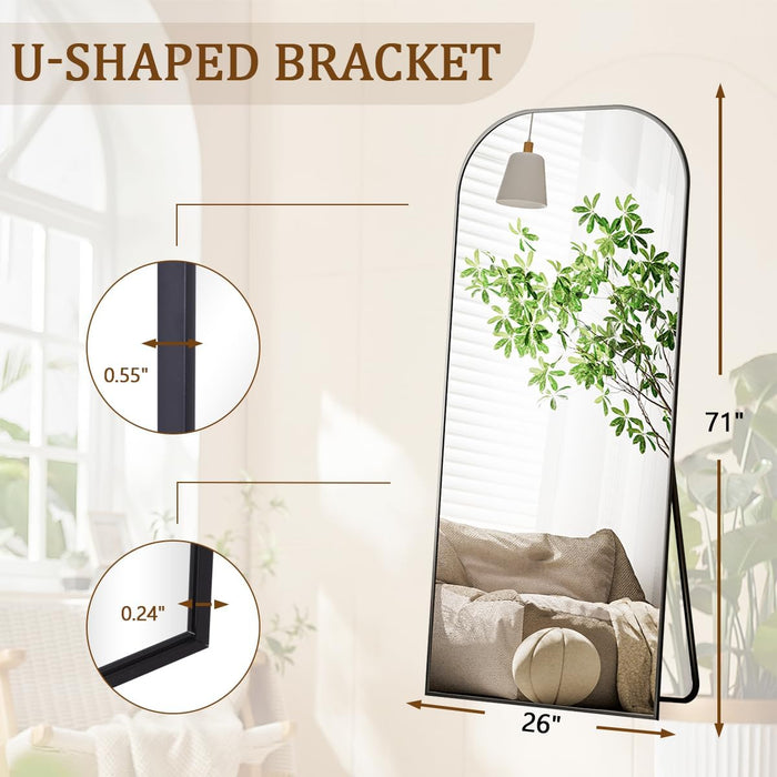 Mirror, 71X26 Inch Full Length with Stand, Black, Rounded Top, Floor Mount, Aluminum Frame, for Bedroom, Living Room