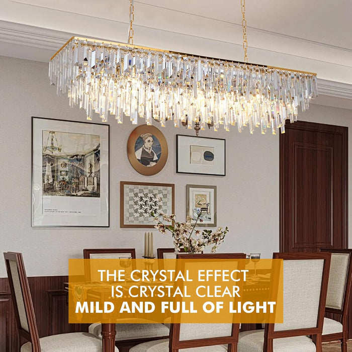 47" Modern Rectangle Crystal Chandelier, Gold Linear Pendant Light with Clear Crystal Prisms, Luxury Island Lighting Fixture for Dining Room Kitchen Table Living Room