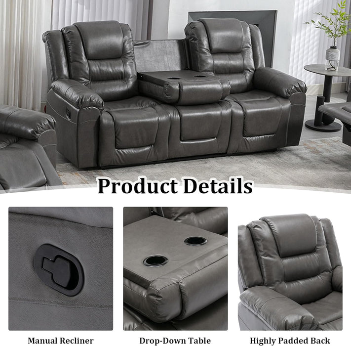 Leather Reclining Sofa Set,Home Theater Seating with Center Console,Flipped Middle Backrest,3 Seater for Living Room,Office,Home Theater,Rv (Grey)