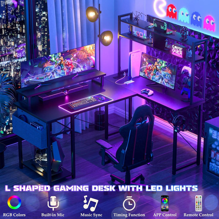 Small L Shaped Gaming Desk with LED Lights & Power Outlets, Reversible L-Shaped Computer Desk with Monitor Stand & Storage Shelf, Corner Desks Home Office Desk with Storage Bag, Black