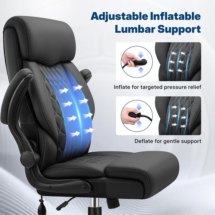 Office Chair, High Back Ergonomic Desk Chair with Inflatable Lumbar Support for Lower Back Pain Relief, Executive Leather Computer Chair with Rocking Function & Padded Flip-Up Arm