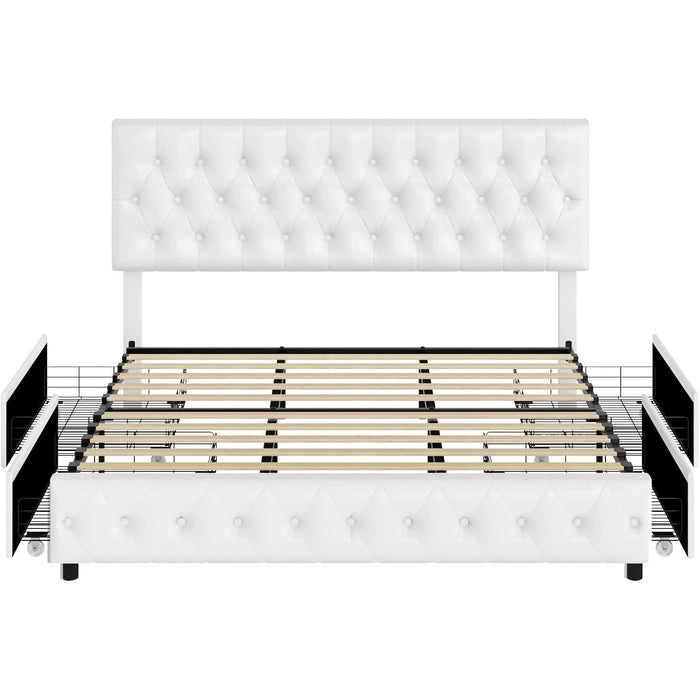 White Queen Bed Frame with Button Tufted Headboard