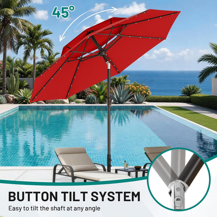 9Ft 2 Tiers Patio Umbrella with Solar Lights, Outdoor Umbrella W/ 32 LED Lights&8 Sturdy Ribs, Table Umbrella for Deck, Backyard, Pool(Red)