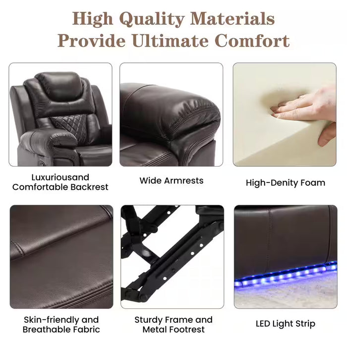 83.1 in Flared Arm Faux Leather Rectangle Manual Recliner 3-Seat Sofa In. Brown with Center Console and LED Light Strip