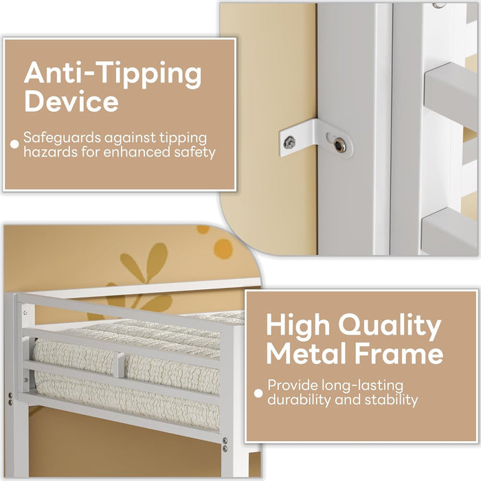 Bunk Bed, Triple Bunk Beds with 2 Ladders, Bunk Beds Twin over Twin over Twin, Metal Bed Frame with Guardrails for Bedroom, No Box Spring Needed, White
