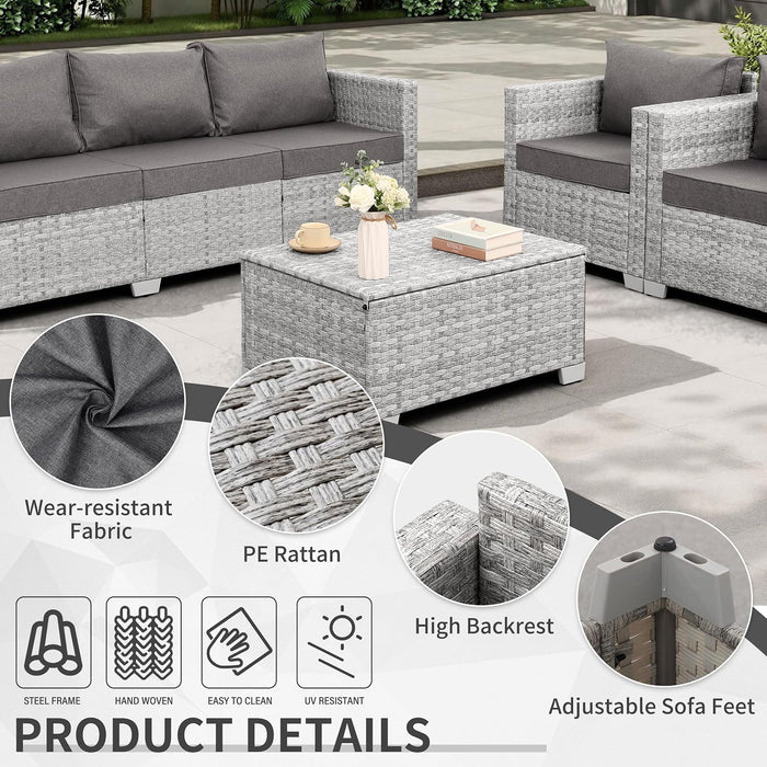 Patio Furniture Set 7 Piece Grey Wicker Outdoor Conversation Sets PE Rattan Sectional Sofa with Storage Coffee Table and Anti-Slip Grey Cushion
