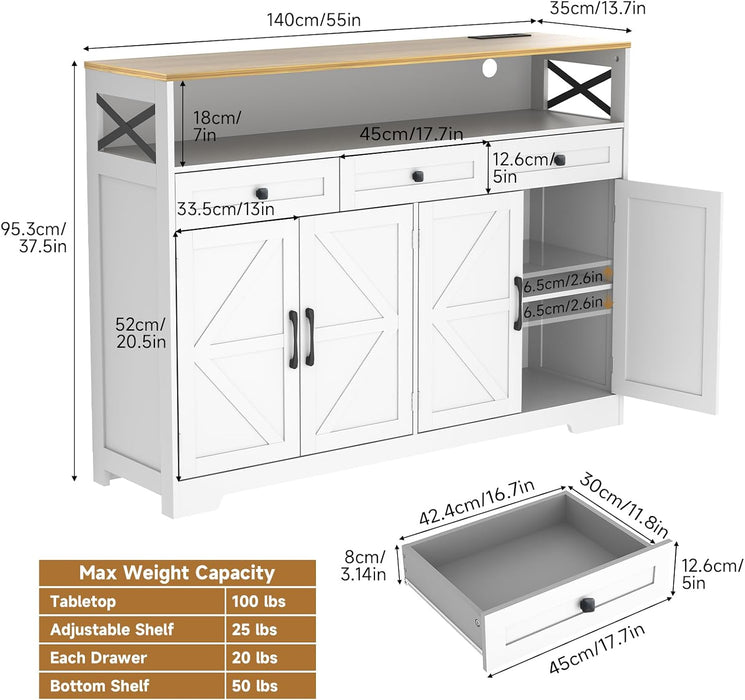 Sideboard Buffet Cabinet with Storage, 55" Kitchen Buffet Cabinet with Charging Station, Farmhouse Coffee Bar Station with Drawers and Doors, Credenza for Kitchen Living Room Entryway, White