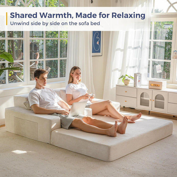 Beige Foldable Convertible Sleeper Sofa With CupHolders