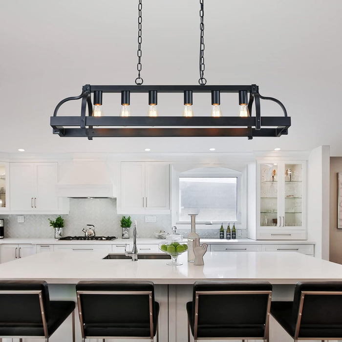 6-Light Metal Pot Hanging Rack Chandelier Linear Pendant Ceiling Lighting Rustic Farmhouse Fixture Kitchen Island Dining Room, H 9.8" L 40.6" W11.8, E26 Base, Black