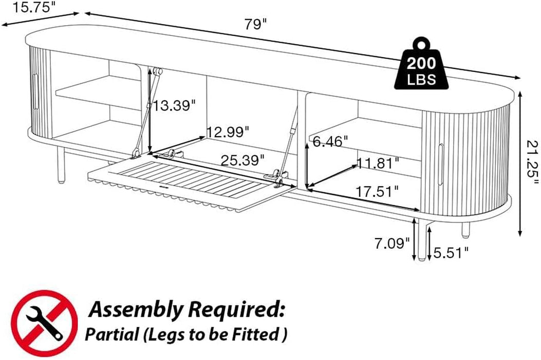 Fully-Assembled Mid Century Modern Black TV Stand with White Matte Travertine Stone Tabletop & LED Lights, Rolling Door Media Console, Wood TV Console for Living Room