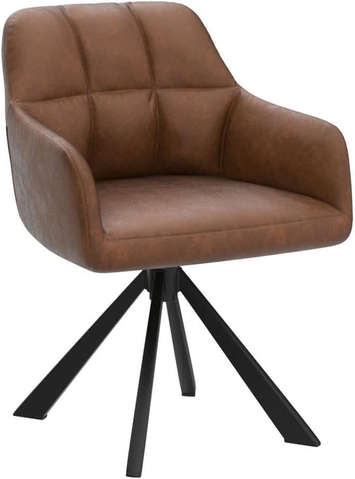 Comfy Leather Desk Chair Modern Computer Task Chair No Wheels Swivel Accent Chair with Mid Back Arm Chair for Living Room/Bedroom/Home Office, PU Brown