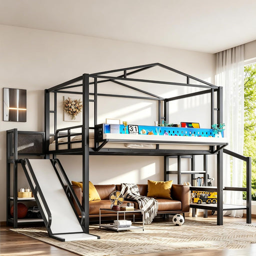 IndustrialGrade Metal Loft Bed Multicolor LED Lighting