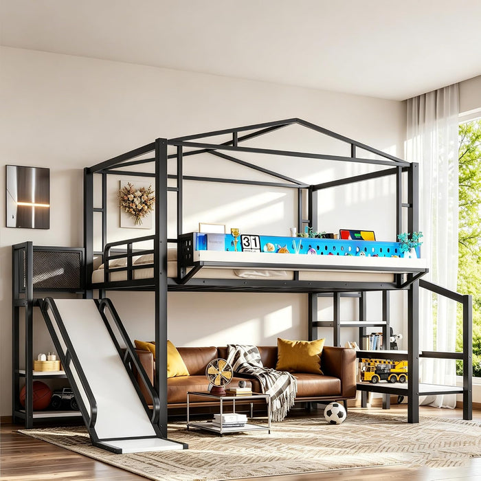 IndustrialGrade Metal Loft Bed Multicolor LED Lighting