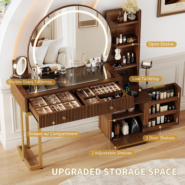 Makeup Vanity Desk with round Mirror and Lights, Glass Top Vanity Table W/5X Magnifying Makeup Mirror, Dressing Table W/Power Outlets, Doorshelves & Adjustable Storage, Dark Brown