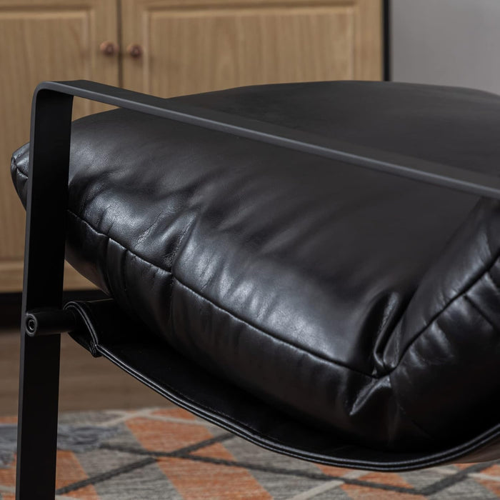 Mid-Century Accent Chair, Comfy PU Leather Side Chair with Armrest, Upholstered Leisure Chair with Black Metal Frame for Living Room Bedroom Reception Room, Black