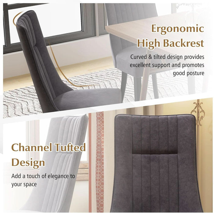 Upholstered Dining Chairs Set of 2, Channel Tufted Kitchen Chairs W/High Backrest, Rubber Wood Side Chairs, Padded Seat, Modern Fabric Armless Accent Chairs for Restaurant, Living Room