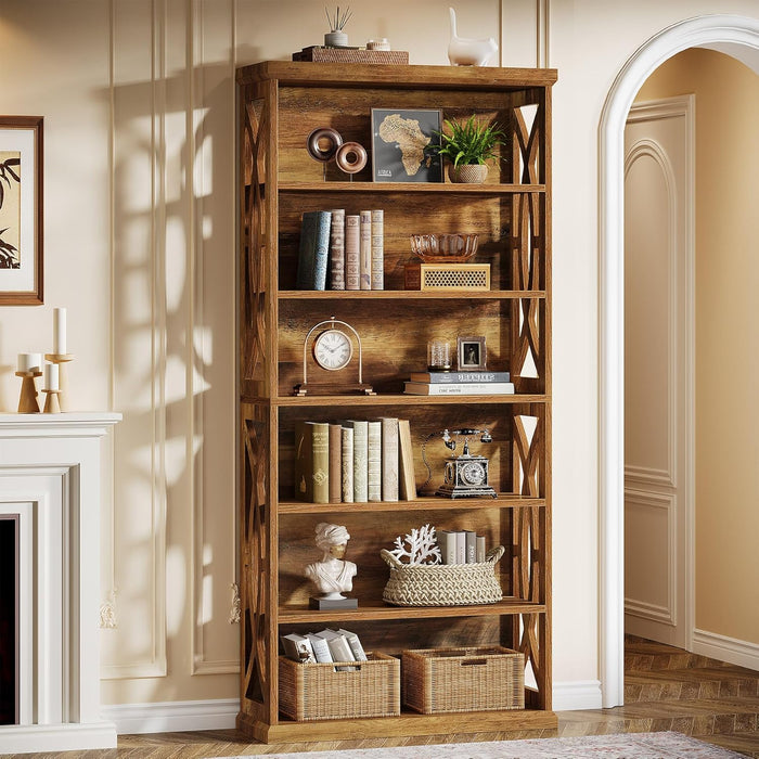 Rustic Brown Six Tier Freestanding Bookshelf Office