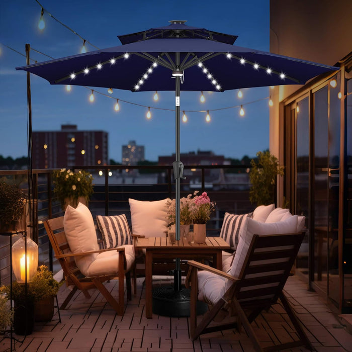 Solar Patio Umbrella with Centre Light, 9FT 2 Tiers, Navy Blue