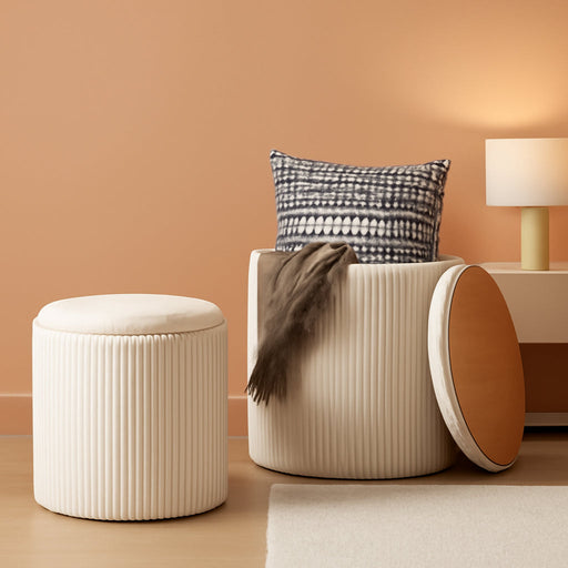 Ottoman with Storage Set of 2, Velvet round Storage Ottoman, Upholstered Sponge Vanity Stool Support 300Lbs, Multifunctional Coffee Table Foot Rest Ottoman for Living Room Bedroom, Beige