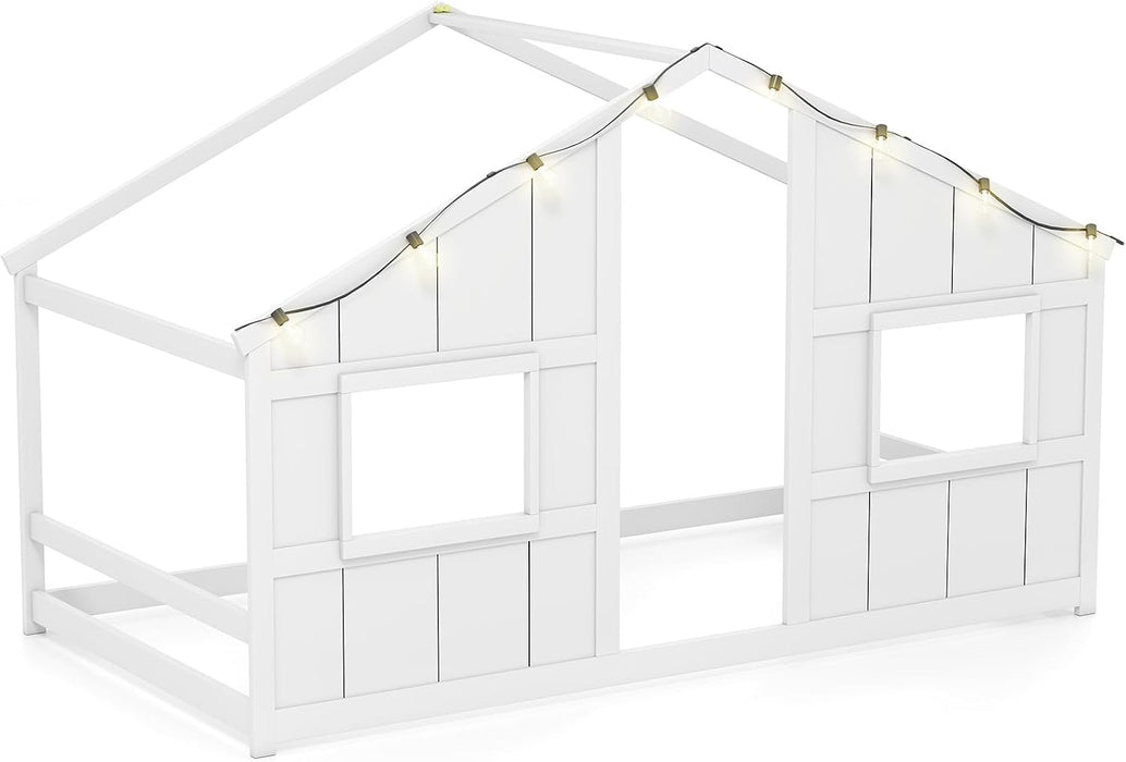Twin Floor Bed LowProfile SolidWood LEDLights White