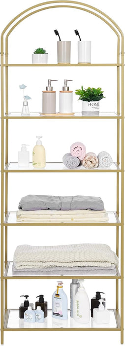 Goldtone StainlessSteel TemperedGlass SixTier Bookshelf