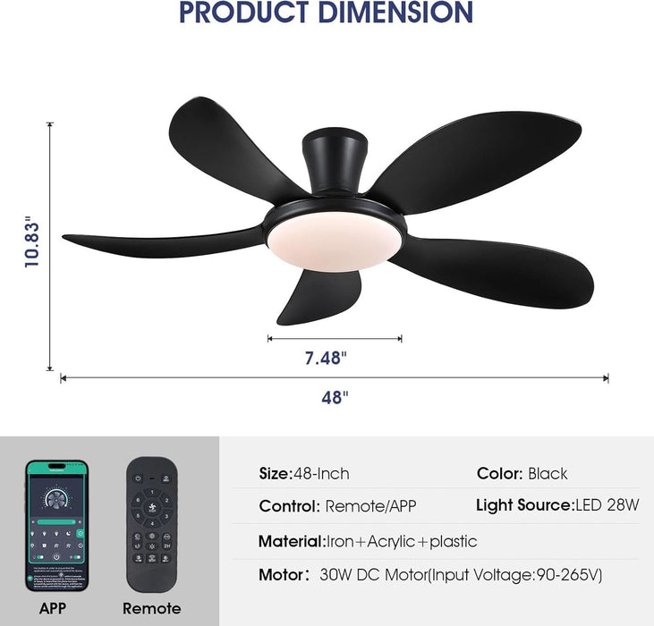 48" Blacklow Profile Ceiling Fans with Lights and Remote/App, Modern Flush Mount Ceiling Fans with Quiet Reversible DC Motor, Dimmable 3 Colors 6 Speeds for Bedroom Kitchen