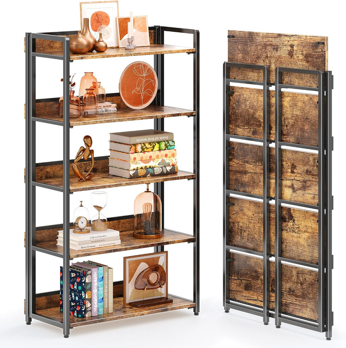 No Assembly Folding Bookshelf Book Shelves, 5-Tier 48"" H Collapsible Foldable Bookcase Storage Industrial Shelf for Living Room Bedroom Office