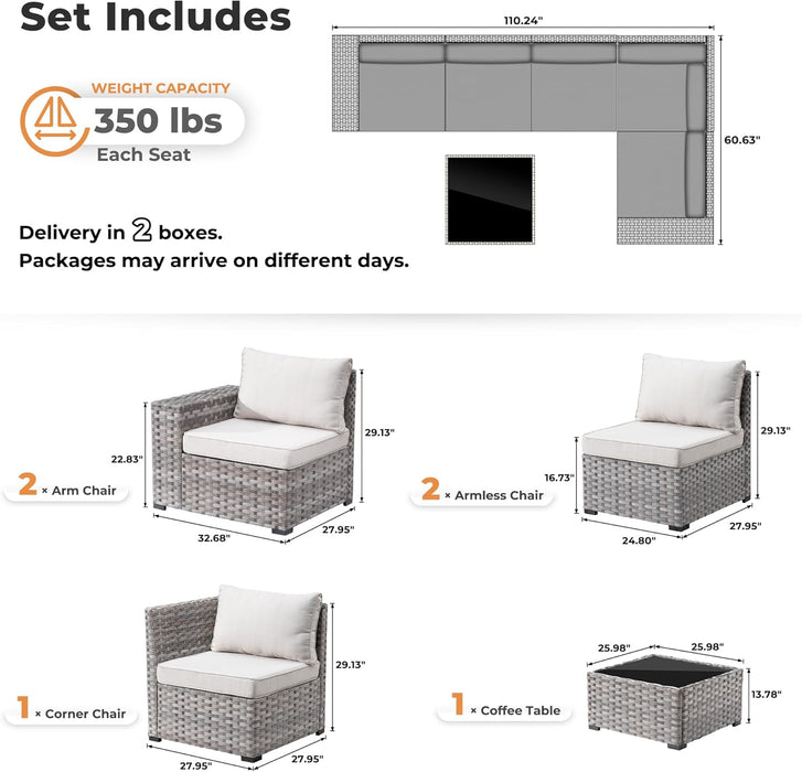 6 Pieces Patio Furniture Set Outdoor Sectional Sofa Couch with Comfy Cushions and Deep Seat, Modern Modular Wicker Rattan Conversation Set, Beige