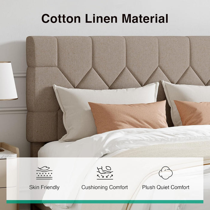 Full Size Bed Frame, Full Bed Frame with Wood Slats Support, Linen Upholstered Pull-Point Headboard, No Box Spring Needed, Metal Support Heavy Duty Feet, Easy Assembly, Beige