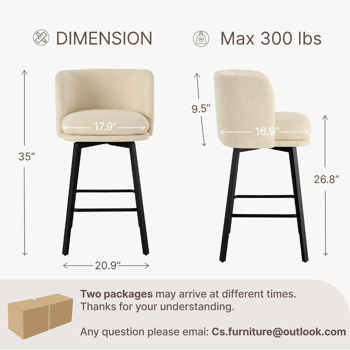 26" H Counter Height Swivel Bar Stools Set of 4, Barrel Counter Stools with Backrest, Linen Fabric Upholstered Barstools with Metal Legs for Kitchen Island,Sand
