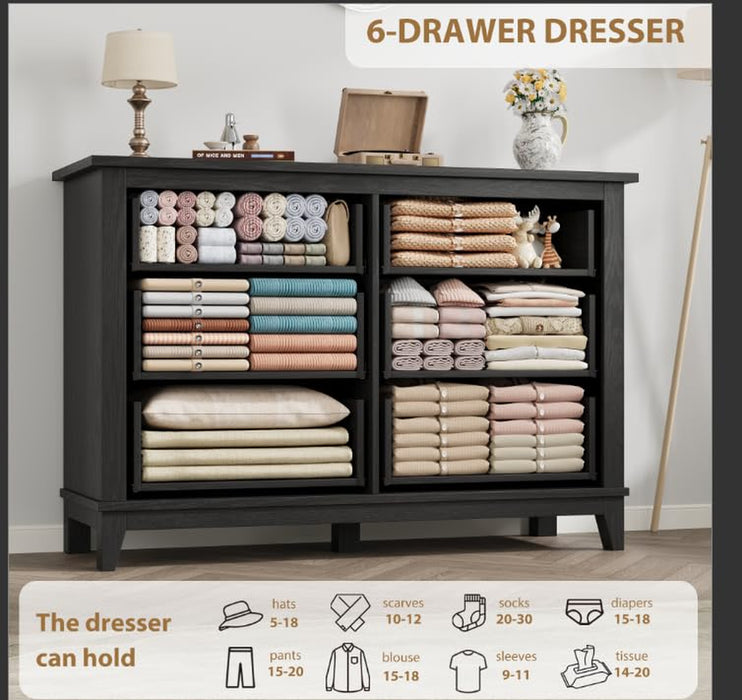 6 Dresser for Bedroom, 47 in Wide Drawer Dresser with Storage Freestanding, Wooden Closet Storage Chest for Living Room, Bedroom, Entryway, Dark Black