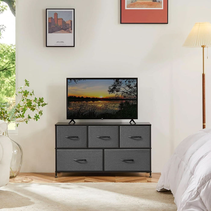 Dresser for Bedroom with 5 Drawers, Anti-Tip Wide Fabric Chests Storage Organizer Tower Furniture, TV Stand for TV up to 45 Inch with Wooden Top Metal Frame for Clothes, Living Room, Hallway, Entryway
