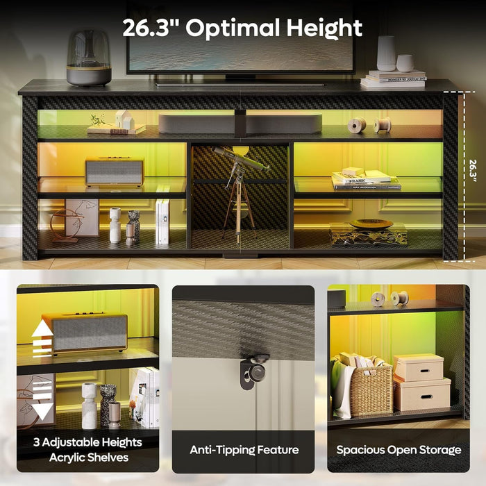 TV Stand for 70 Inch TV, Tall Entertainment Center with 2 Led Lights, Gaming TV Console with Storage for PS5, Modern TV Cabinet for Bedroom, Living Room, Black Carbon Fiber