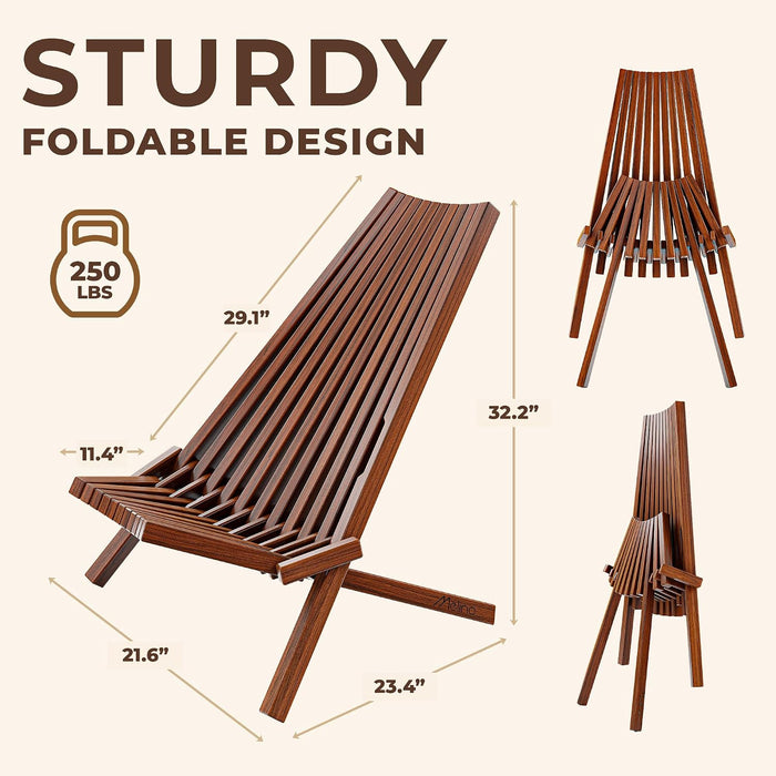 Wooden Folding Tamarack Chairs, FSC Certified Acacia Low Profile Adirondack Chairs, Wood Folding Chair for Outdoor, Patio, Porch, Pool, Backyard, Garden, Balcony and Deck - Chestnut - Single
