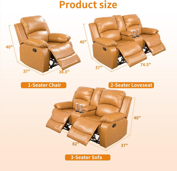 Manual Leather Recliner Sofa Set for Living Room Furniture Set,Leather Recliner Couch Set for Home/Office,Leather Couch Set for 3-Pieces(Sofa+Loveseat+Chair) Ginger, Sofa+Lovsesat+Chair