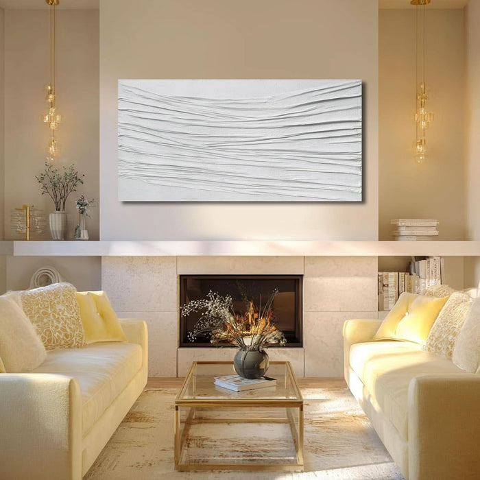 White Textured Abstract Wall Art Canvas 24X48 Inch, Hand Painted Minimalist Neutral 3D Plaster Style Artwork for Living Room Bedroom, Modern Large Canvas Wall Decor, Gallery Wrapped Ready to Hang