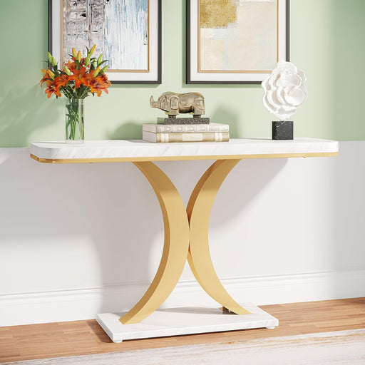 Modern Gold Console Table, 40 Inch Narrow Entryway Foyer Table with Geometric Base, Rustic Hallway Accent Table for Living Room, Entrance, White and Gold