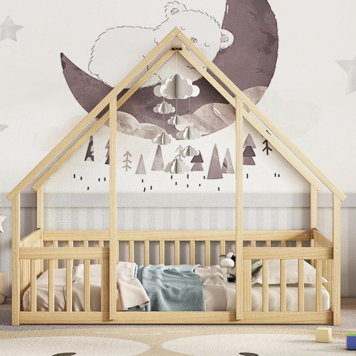 Full Size House-Shaped Natural Wooden Kids Floor Bed