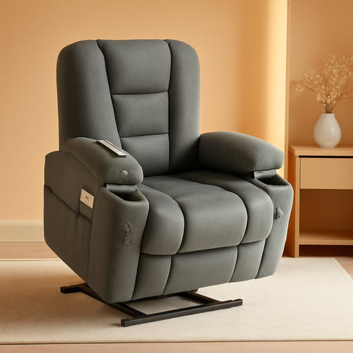 Power Lift Recliner Chair with Massage and Heat for Elderly People, Cup Holders, USB Ports, Side Pockets, Fabric 7529 (Medium, Grey)