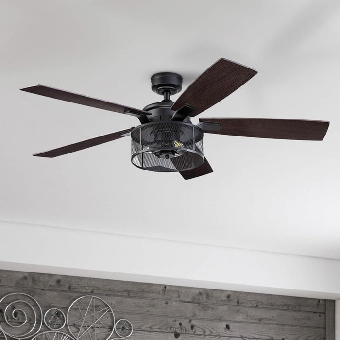 Ceiling Fans Carnegie Industrial 52 Inch Ceiling Fan with Light, Remote Control Fan, LED Indoor Fan with 5 Blades, Gray Pine and Brown Chestnut Blade Finish Options, Matte Black (50614-01)
