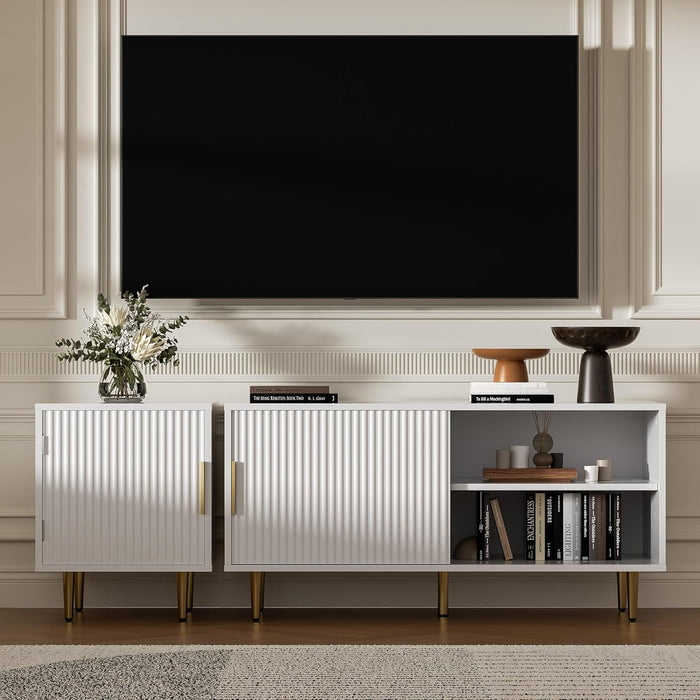 Combined Modern TV Stand for 55/60/65 Inch TV, Small Entertainment Center with Adjustable Shelf, TV Media Stand with Storage Cabinet, TV Console with Gold Legs for Living Room, Bedroom, White