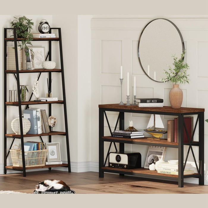 Ladder Shelf Bookcase, 5-Tier Industrial Ladder Bookshelf, Tall Living Room Shelves, Wood and Metal Leaning Shelf for Home Office, Kitchen, Bedroom, Balcony (Rustic Oak)