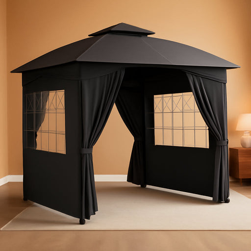 11' X 11' Outdoor Gazebo Arc Patio Gazebo Canopy Shelter with UV Protection, Curtains, Church Windows, Double Roof, Galvanized Steel Frame for Lawn, Backyard and Deck, Dark Gray