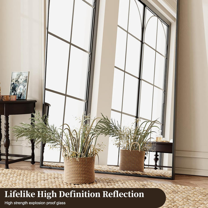 76"X35" Arched Full Length Mirror, Brushed Black Aluminum Frame Floor Mirror with Stand, HD Shatterproof Glass & Rust-Proof Body Mirror for Bedroom, Living Room, Bathroom, Entryway