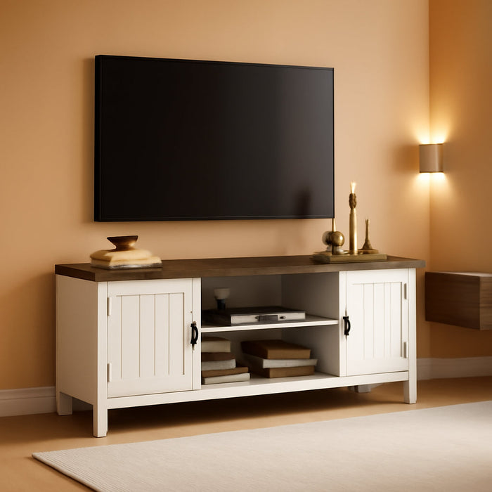 Farmhouse TV Stand, Wood Fluted Door Entertainment Center with Storage Cabinets and Open Shelves, Rustic Media Console up to 55 Inches for Living Room, Bedroom, White