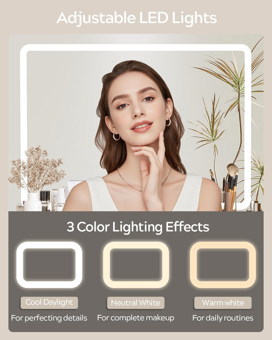 Fluted Makeup Vanity Desk with 31.5" HD Lighted Mirror, Modern Dressing Table with 5 Drawers, Shelves and Glass Top for Bedroom, Natural Oak