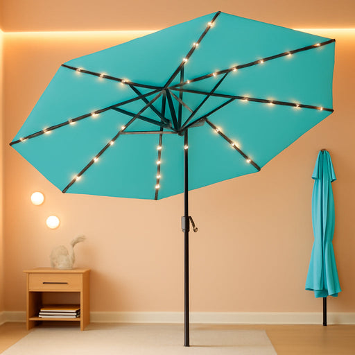 9FT Solar Umbrella 32 LED Lighted Patio Umbrella Table Market Umbrella W/Tilt and Crank, Uv-Resistant Outdoor Umbrella for Pool, Garden, Deck, Aqua Blue